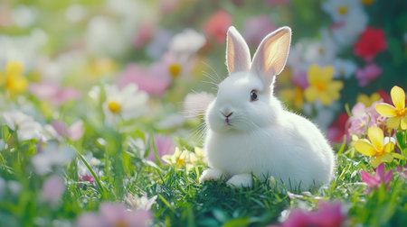 A charming white bunny rests peacefully among a vibrant array of flowers in a spring garden, showcasing the beauty of nature and innocence in a serene outdoor setting.の素材