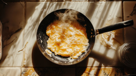 A close-up view of eggs frying in a pan, creating steam and bubbles. The warm morning light casts soft shadows on the kitchen counter, highlighting the process of cooking.の素材