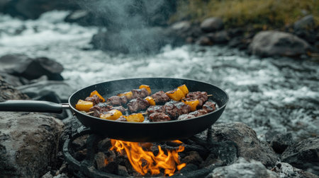 A scenic view of juicy meat and colorful vegetables sizzling in a frying pan over a campfire by a flowing river. Perfect for outdoor cooking enthusiasts!の素材