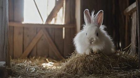 A fluffy white rabbit peacefully sits on a bed of hay in a rustic barn, surrounded by a warm, natural light, showcasing its tranquil and inviting presence.の素材
