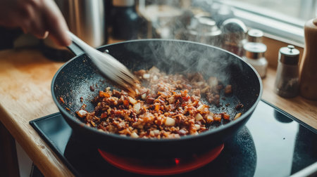 A close-up image of cooking ground meat with vegetables in a frying pan, showcasing steam and vibrant ingredients, perfect for culinary enthusiasts and food bloggers.の素材