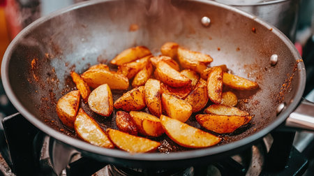Golden brown potato wedges sizzle in a frying pan, showcasing a crispy texture. Ideal for meal preparation, these delicious wedges are perfect for any dish.の素材