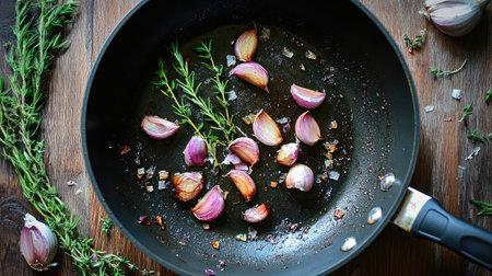 A close-up view of fresh garlic and shallots sautの素材