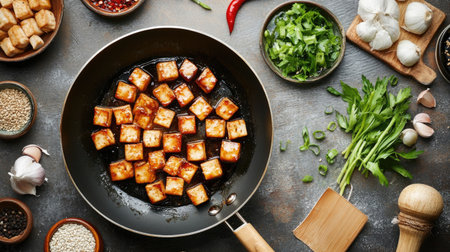 A vibrant scene showcasing crispy tofu frying in a pan surrounded by fresh vegetables and herbs. Perfect for food lovers and culinary enthusiasts.の素材