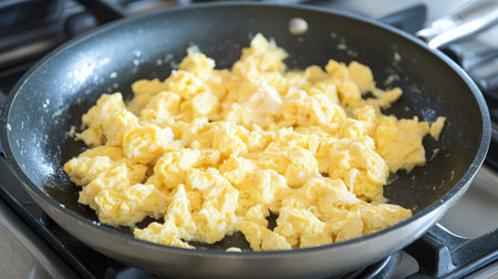 A close-up view of fluffy scrambled eggs being cooked in a nonstick frying pan. The vibrant yellow color and creamy texture showcase a delicious breakfast option, ideal for meal preparation.の素材