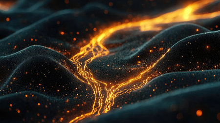 Captivating abstract image showcasing a glowing lava flow over a textured dark surface, enhanced by sparkling particles for a dynamic visual effect.の素材