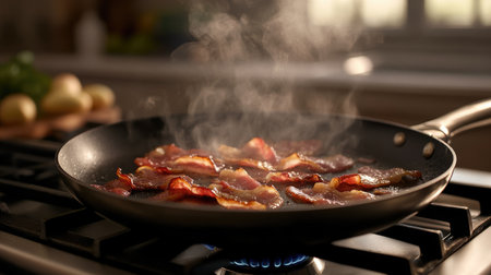 A close-up view of sizzling bacon slices frying in a black pan, releasing steam and aroma. This mouthwatering scene captures the essence of a hearty breakfast.の素材