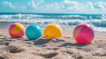Four colorful beach balls sit on soft sand, with gentle ocean waves in the background. A perfect representation of summer fun and outdoor activities.の素材