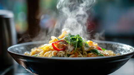 A steaming bowl of delicious noodles garnished with colorful vegetables and herbs captures the essence of comfort food, offering a mouthwatering culinary experience.の素材