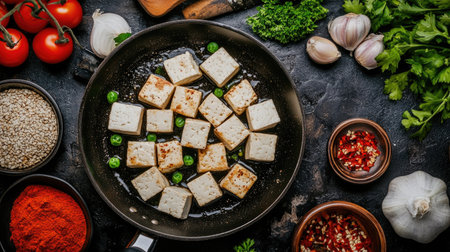 A stunning overhead view of tofu frying in a pan surrounded by fresh vegetables, spices, and herbs, capturing the essence of healthy cooking and vibrant flavors.の素材