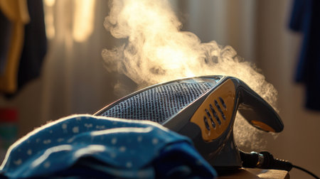 A steam iron emits vapor while resting on a blue fabric, capturing a warm and inviting atmosphere. Ideal for illustrating household chores and laundry care concepts.の素材