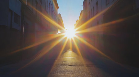 Stunning view of sunlight breaking through an urban street at dawn, creating beautiful rays and illuminating the surroundings. Captures the essence of a peaceful morning.の素材