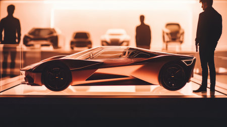 A sleek, futuristic sports car on display in a modern gallery setting, surrounded by silhouetted figures, highlighting the artistic design and innovative features of the vehicle.の素材