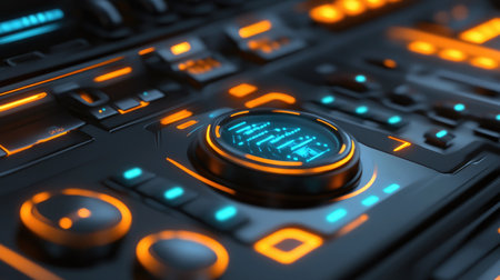 A detailed view of a futuristic control panel featuring illuminated buttons and dials. This design showcases a blend of technology and modern aesthetics, perfect for various digital projects.の素材