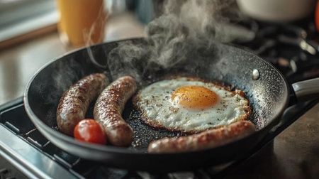 A sizzling plate of breakfast featuring a fried egg and juicy sausages on a hot skillet. Steam rises, enhancing the appetizing allure of this morning delight.の素材