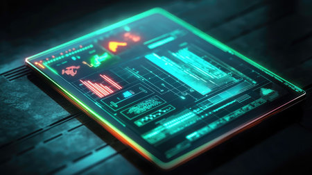 A futuristic digital tablet showcases an advanced data analytics interface with glowing visuals, graphs, and metrics, illustrating innovative technology in a modern design.の素材