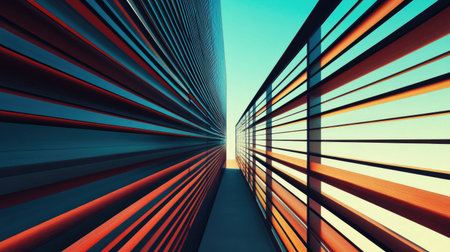 Captivating abstract perspective of a striped wall and sky evokes a sense of depth. The vibrant colors and lines create a dynamic and modern atmosphere.の素材