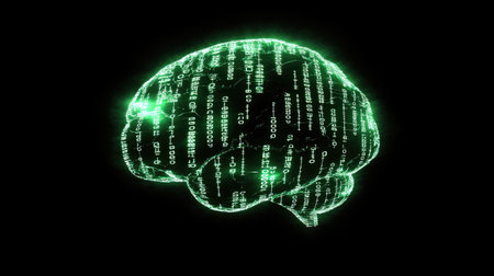This digital illustration depicts a glowing brain composed of flowing binary code, symbolizing the intersection of technology and human cognition in a futuristic setting.の素材