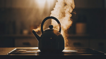 A serene image capturing steam rising from a kettle on a warm kitchen surface, evoking feelings of comfort and tranquility in a cozy environment.の素材