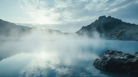 A breathtaking view of a misty landscape featuring calm blue water surrounded by rocky mountains. The vibrant atmosphere evokes tranquility and peace.の素材
