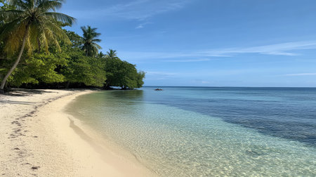A serene beach scene featuring clear turquoise water and lush palm trees under a bright blue sky. Perfect for travel and relaxation themes.の素材