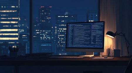 A serene nighttime workspace featuring a glowing monitor on a desk, with a vibrant city skyline illuminated in the background, perfect for tech enthusiasts.の素材
