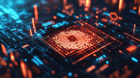 Intricate digital circuit board design featuring a glowing fingerprint, representing advanced biometric technology and security systems in the modern digital age.の素材