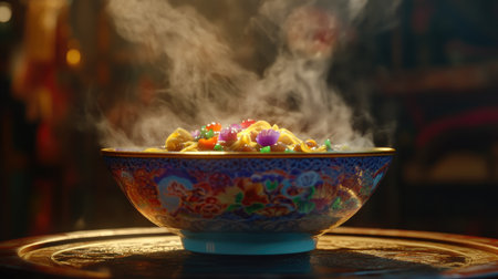 A steaming dish served in a colorful bowl, showcasing vibrant ingredients and a delightful aroma. Perfect for food enthusiasts and culinary presentations.の素材