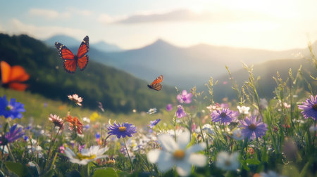 A stunning scene of butterflies fluttering over a colorful wildflower meadow, showcasing rich colors and a peaceful, natural environment filled with vibrant blooms.の素材