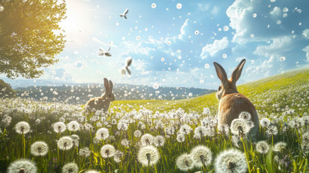 Two rabbits sit in a vibrant meadow filled with dandelions, enjoying a sunny day. Bees buzz around, enhancing the tranquil beauty of natureの素材