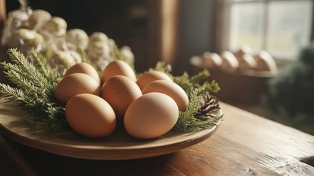 A beautiful arrangement of fresh eggs on a wooden plate, surrounded by greenery and rustic decor. Ideal for culinary, seasonal, or farm-themed projects.の素材