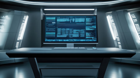 A modern control room featuring a large digital display, sleek table, and ambient blue lighting. This futuristic workspace offers a high-tech environment for data analysis and programming tasks.の素材