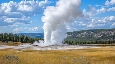 A powerful geyser erupts dramatically, sending clouds of steam into the sky, surrounded by vibrant grasslands and distant mountains under a blue, partly cloudy sky.の素材