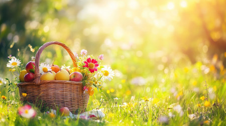 A bright wicker basket filled with fresh fruits including apples and oranges, surrounded by vibrant flowers and bathed in warm sunlight, showcasing nature's beauty.の素材