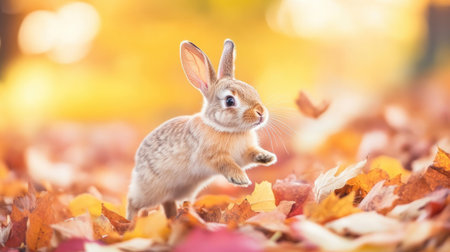 A charming rabbit hops joyfully across a colorful blanket of autumn leaves. The warm sunlight creates a vibrant atmosphere, showcasing natureの素材
