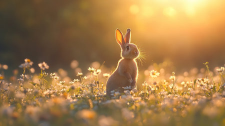 A serene scene of a cute rabbit sitting in a flower-filled field during sunset. The warm glow highlights the gentle beauty of nature, evoking a sense of peace and tranquility.の素材