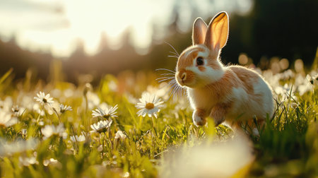 An enchanting bunny rabbit explores a colorful field of daisies under a warm sunset. The scene captures playful innocence and natural beauty in a peaceful outdoor setting.の素材