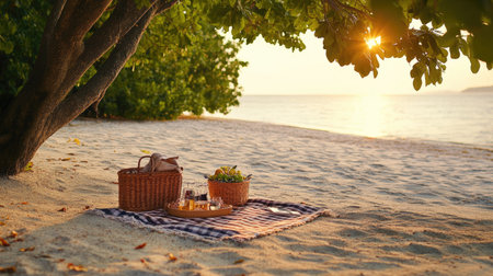 A tranquil beach picnic scene under a tree during sunset, featuring woven baskets, a blanket on the sand, and delicious food and drinks inviting relaxation and enjoyment.の素材