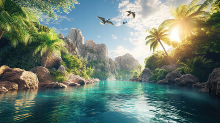 A stunning tropical landscape featuring lush greenery, crystal clear waters, and vibrant sunlight illuminating the serene environment, perfect for escape and relaxation.の素材