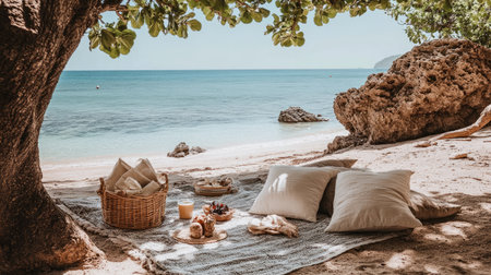 Enjoy a serene beach picnic under the shade of a tree with soft cushions, snacks, and a beautiful ocean view. Perfect for relaxation and leisure.の素材