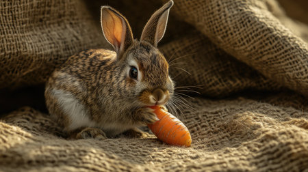 A cute brown rabbit nibbling on a fresh carrot while resting on rustic burlap. The image showcases the delicate features and texture of the rabbit's fur in a serene setting.の素材
