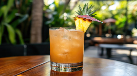 Delight in this refreshing tropical cocktail featuring pineapple and ice, perfectly positioned on a wooden table in a vibrant outdoor setting. Enjoy the essence of summer!の素材