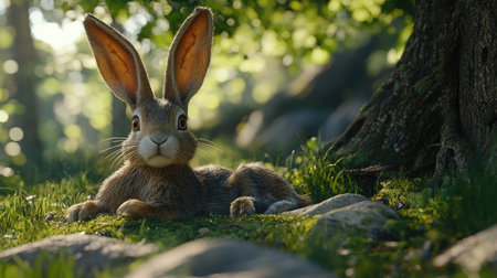 A charming depiction of a lifelike rabbit resting in a lush, sunlit forest. The scene is tranquil, capturing the essence of wildlife in a serene natural habitat.の素材