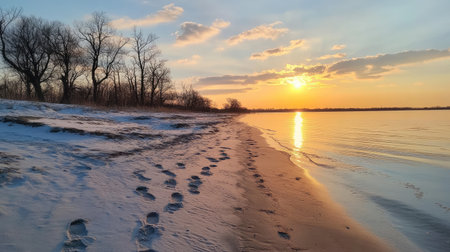 A serene sunset illuminates a sandy shoreline, where footprints lead along the frosty edge of the water. Trees frame the picturesque scene, creating a tranquil atmosphere.の素材