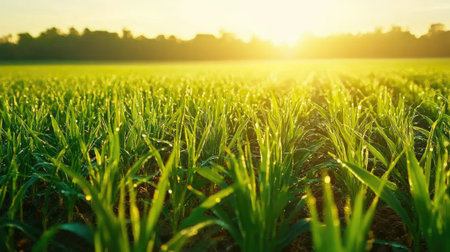 A breathtaking view of a lush green field at sunrise, showcasing dewy grass illuminated by golden light. This serene landscape captures the essence of nature's beauty and tranquility.の素材
