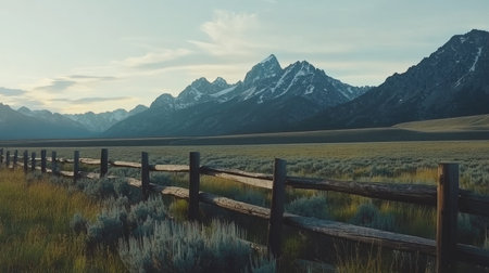 Captivating view of a serene mountain landscape with a wooden fence. The tranquil scene showcases lush grass fields against majestic peaks under a soft sky.の素材