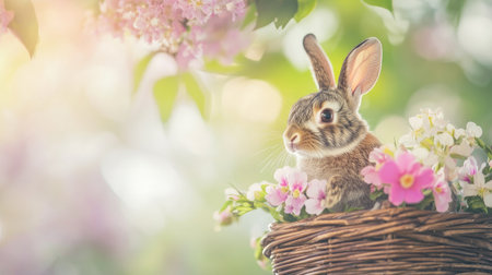 A charming rabbit sits gracefully in a flower-filled basket, surrounded by vibrant blooms in a lush spring garden, capturing the essence of tranquility and joy.の素材
