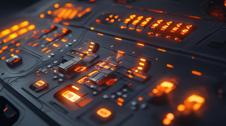 This image showcases a detailed futuristic control panel featuring illuminated buttons and indicators. The sleek design highlights technology and innovation, perfect for visualizing modern machinery.の素材