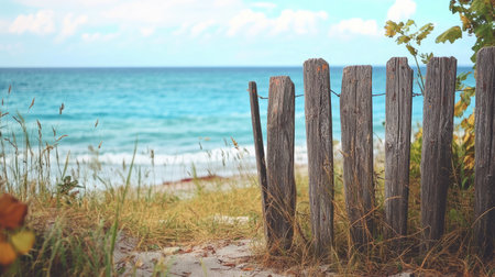 A rustic wooden fence frames a serene view of the ocean and sandy beach, capturing the essence of summer. The calm waves and clear sky enhance the peaceful atmosphere, making it ideal for relaxation and exploration.の素材