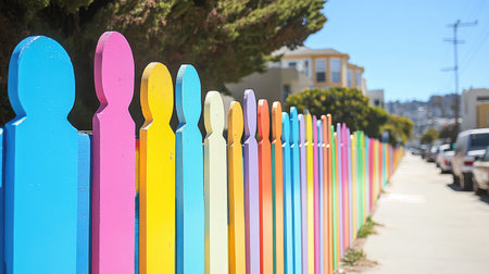 A vibrant wooden fence featuring colorful silhouette figures in an urban neighborhood. This lively scene captures the essence of community and creativity.の素材